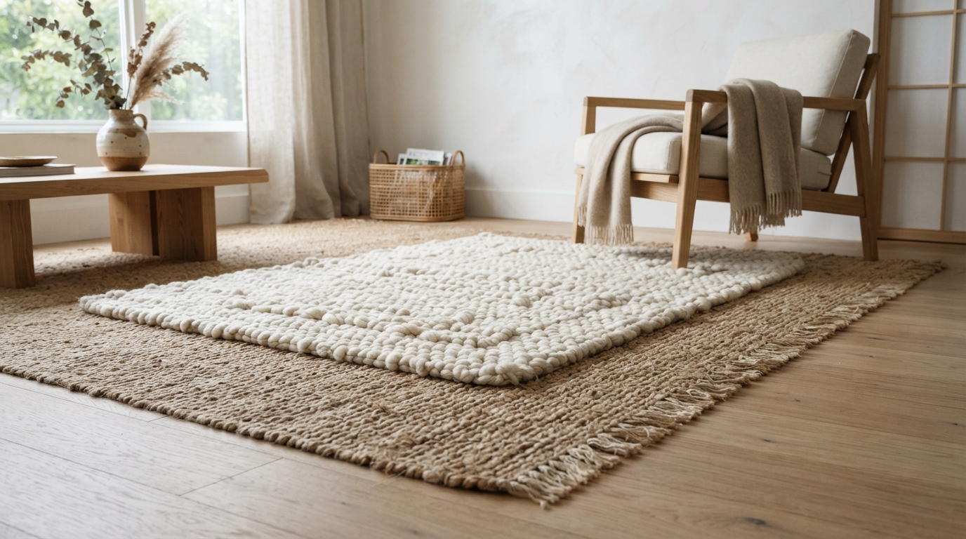Textured Chunky Wool & Raw Jute Area Rug Layering